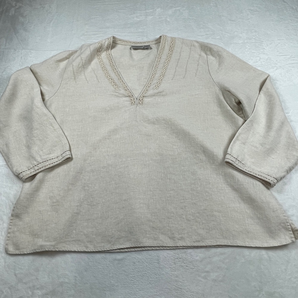 Chicos Womens Oatmeal Beige 100% Linen Crochet‎ Lace V-Neck Tunic Blouse Sz 3 XL